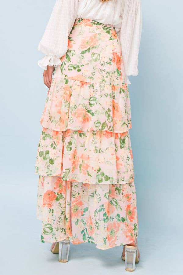 Peach Floral Tiered Ankle Skirt