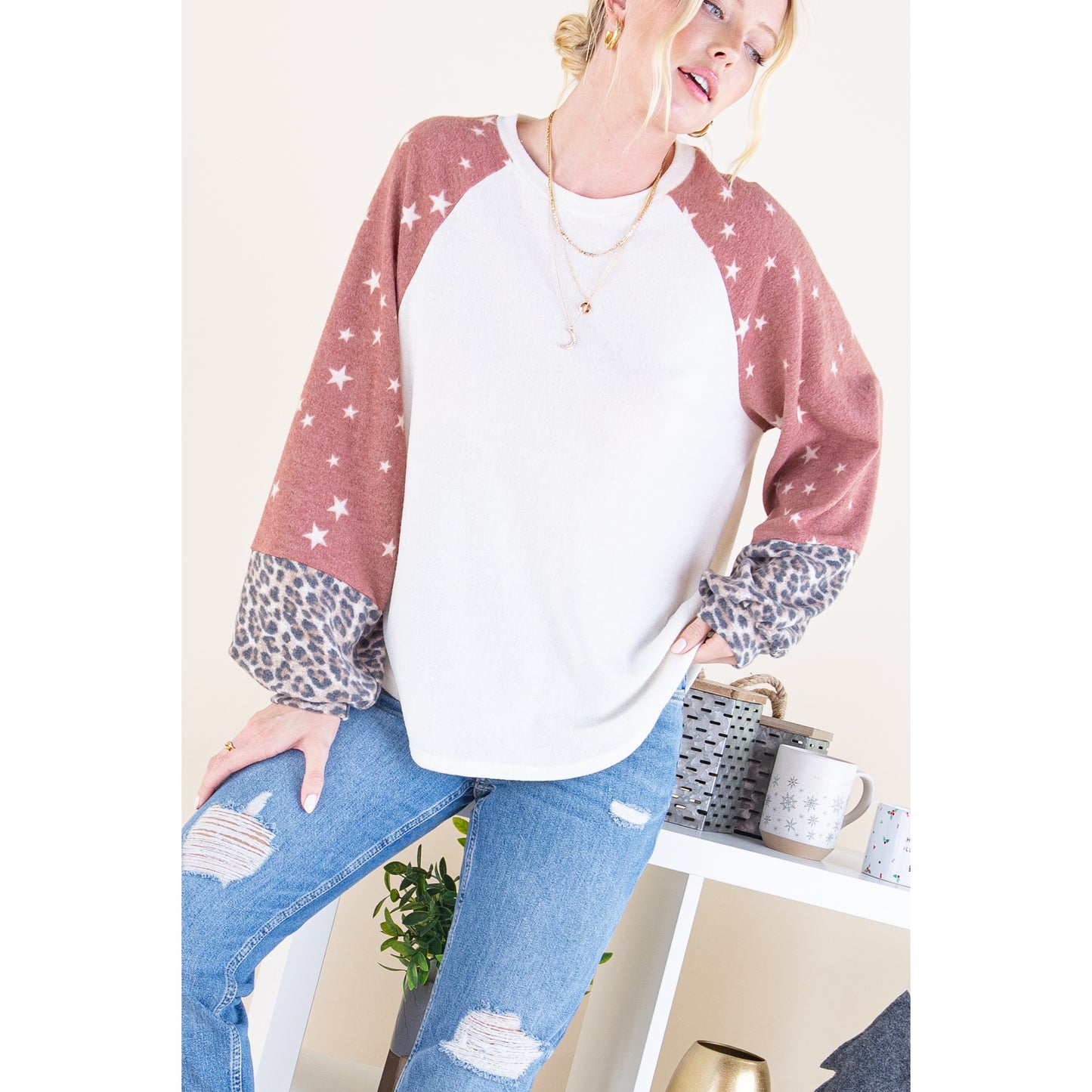 Star & Leopard Print Sleeves Top - Wild Luxe Boutique