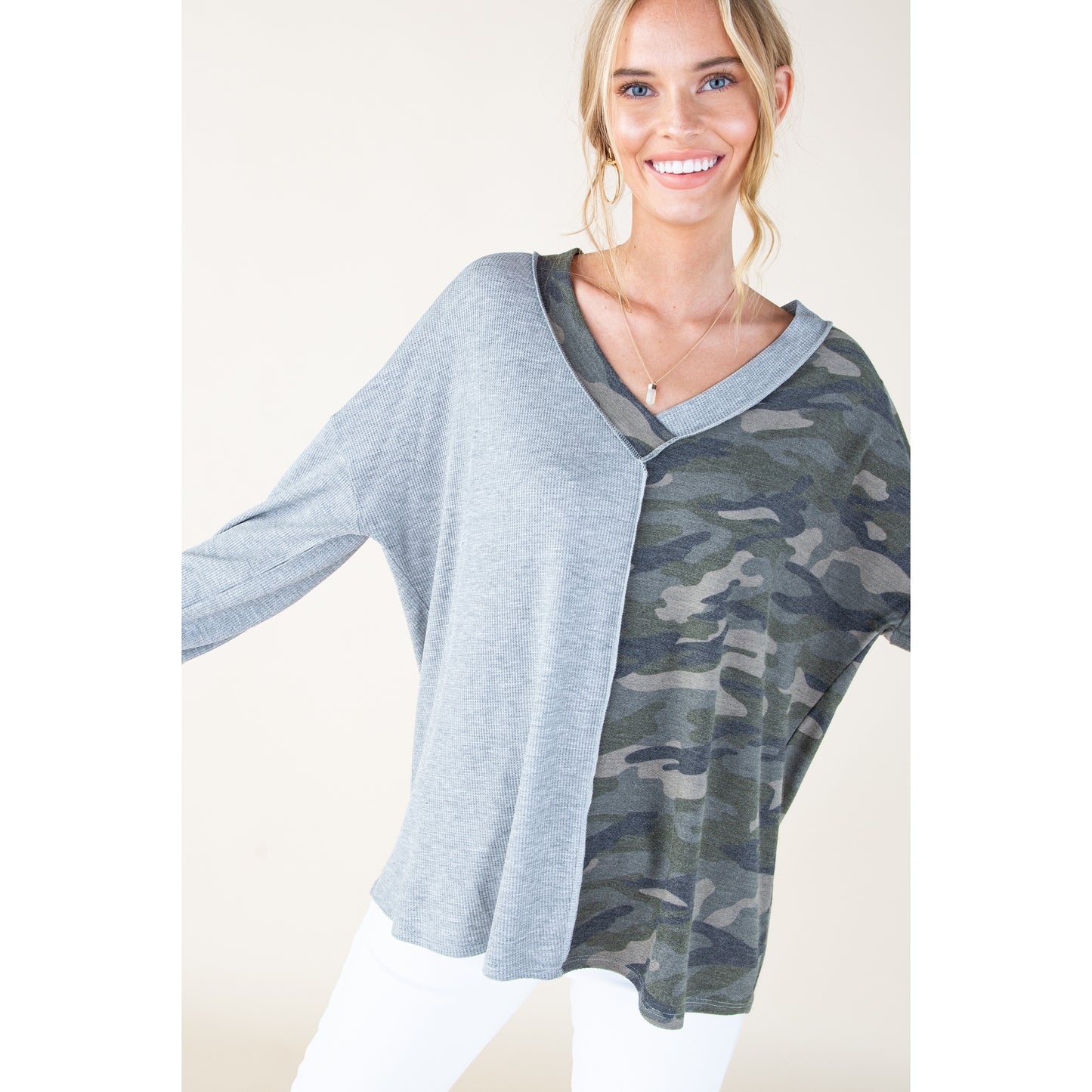 Heather Grey Half Camo Long Sleeve Top - Wild Luxe Boutique