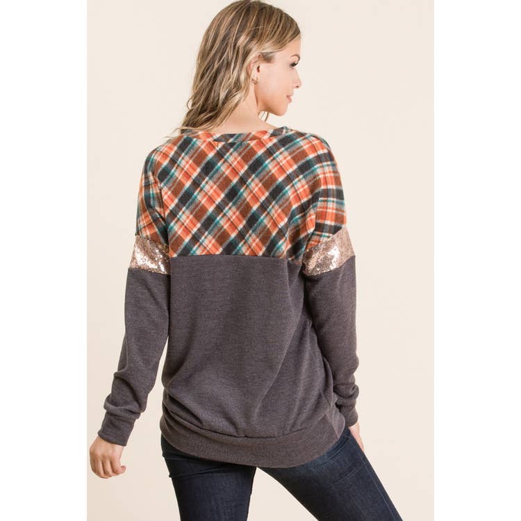 Plaid Contrast Knit Top with Sequin Colorblock - Wild Luxe Boutique