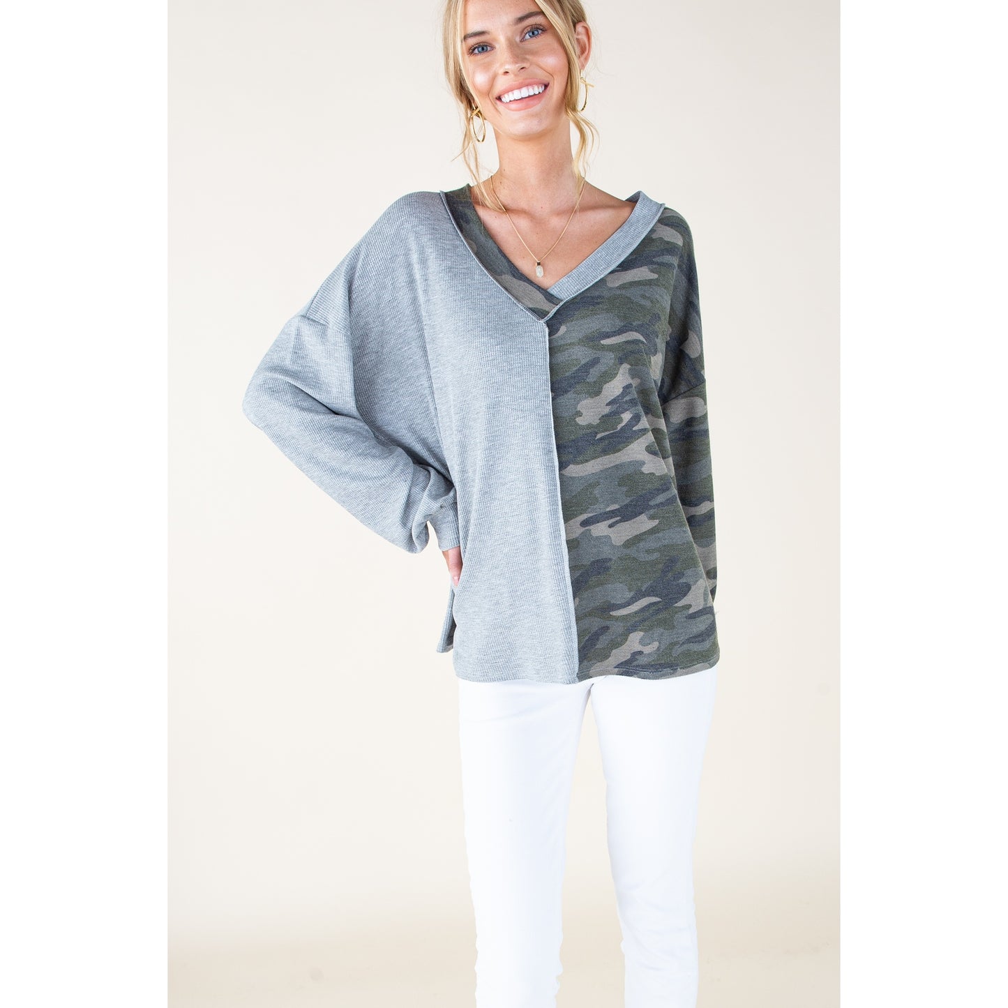 Heather Grey Half Camo Long Sleeve Top - Wild Luxe Boutique