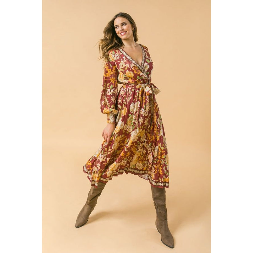 Rust Floral Pleated Midi Dress - Wild Luxe Boutique