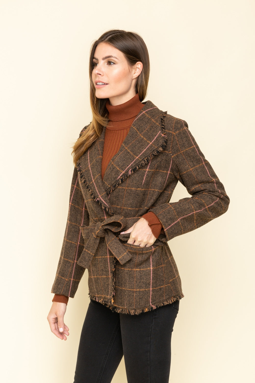 Raw Edged Belted Plaid Wool Jacket - Wild Luxe Boutique