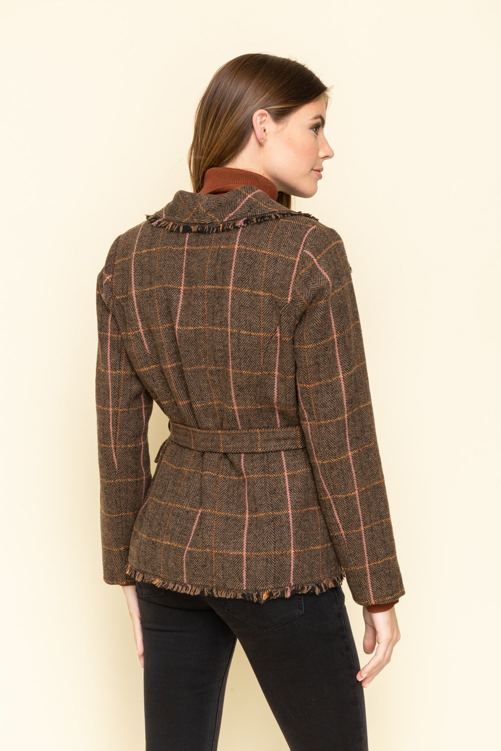 Raw Edged Belted Plaid Wool Jacket - Wild Luxe Boutique