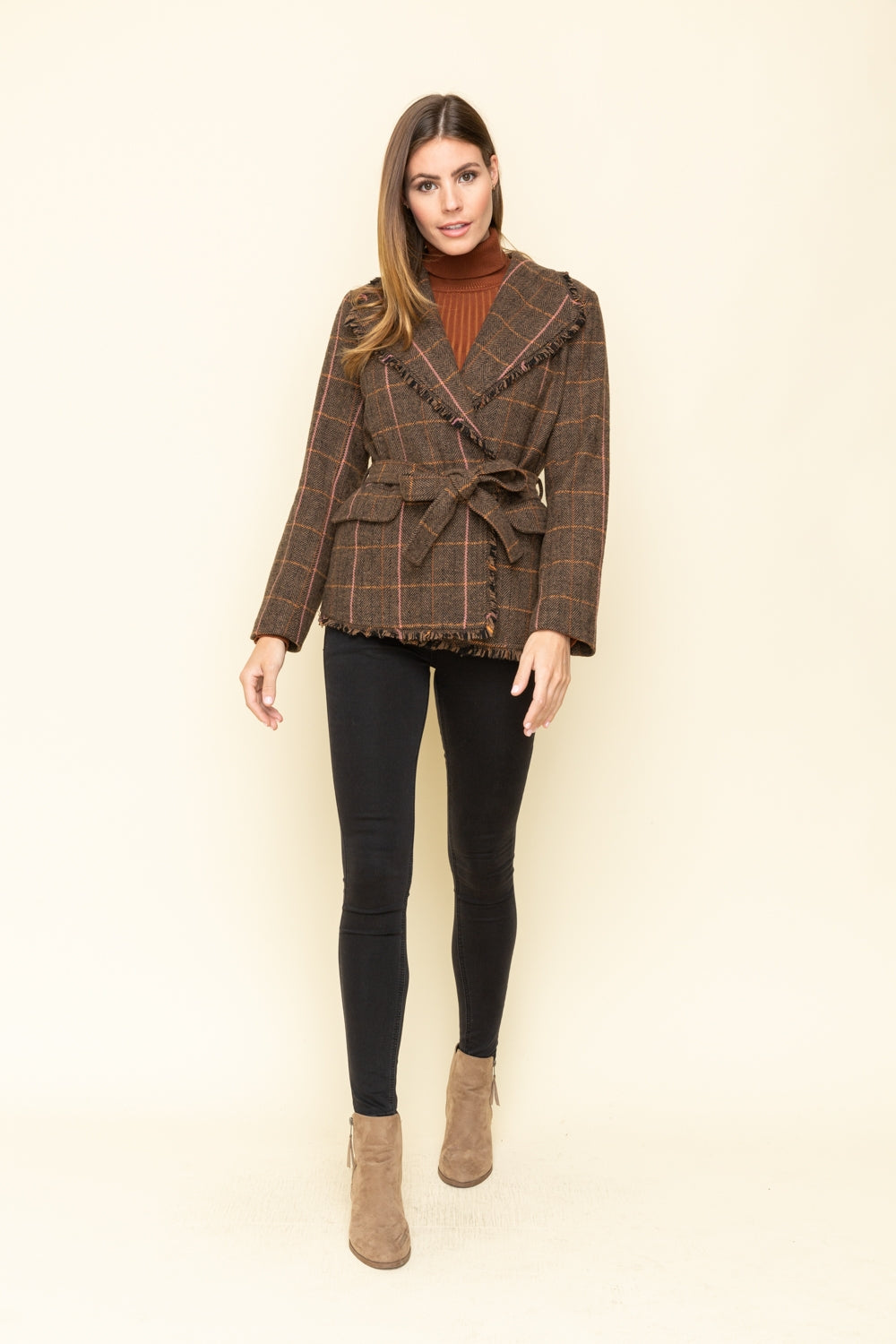 Raw Edged Belted Plaid Wool Jacket - Wild Luxe Boutique