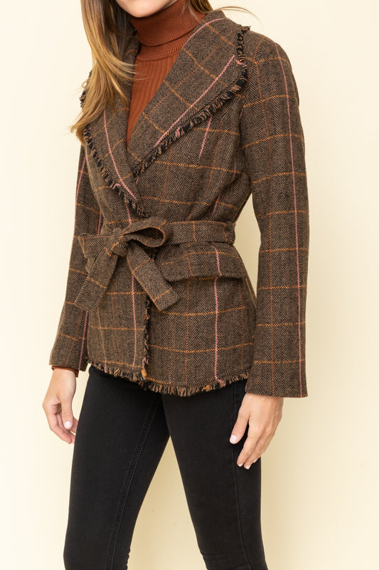Raw Edged Belted Plaid Wool Jacket - Wild Luxe Boutique