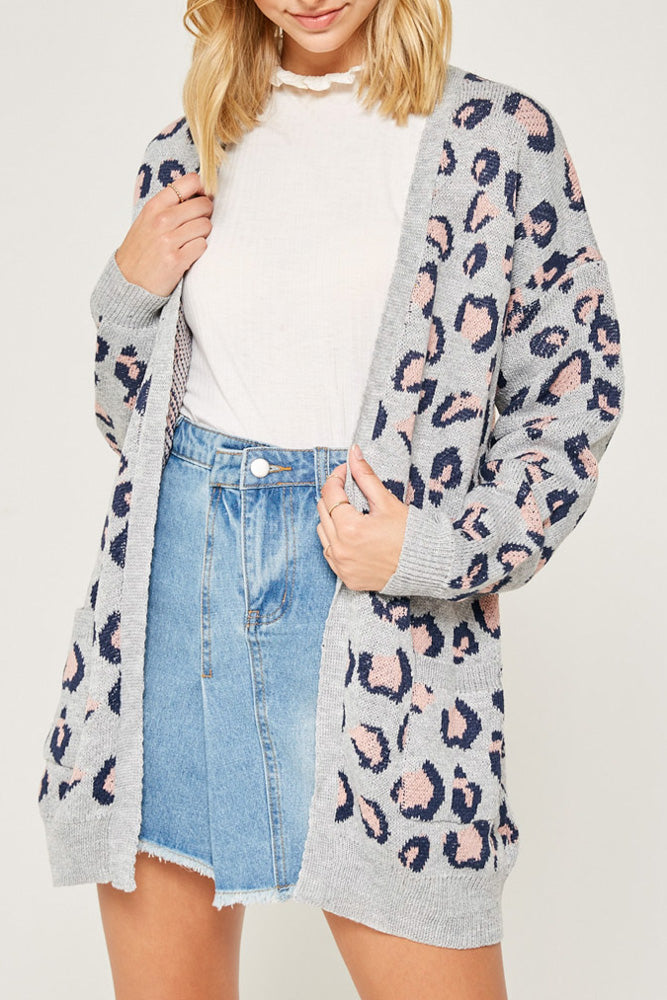 Grey Leopard Knit Sweater Cardigan - Wild Luxe Boutique