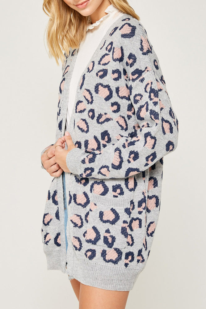 Grey Leopard Knit Sweater Cardigan - Wild Luxe Boutique