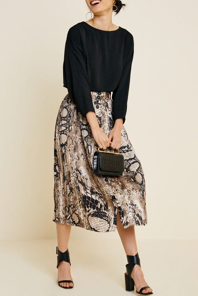Pleated Snakeskin Button-Down Midi Skirt - Wild Luxe Boutique