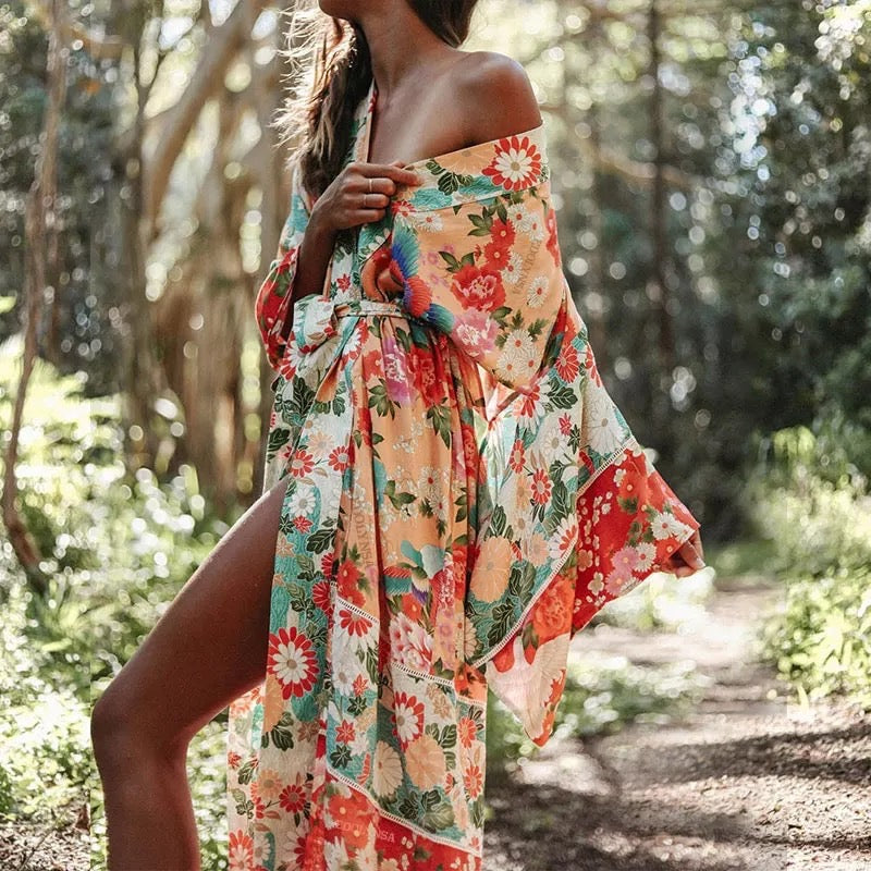 Floral & Bird Print Bohemian Kimono - Wild Luxe Boutique