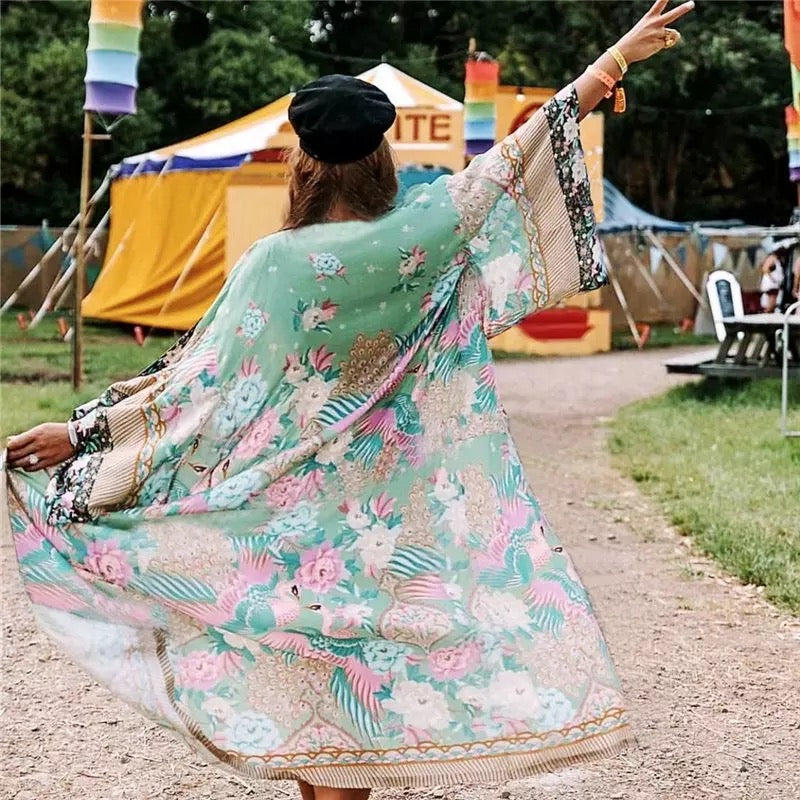 Peacock & Floral Print Bohemian Kimono - Wild Luxe Boutique