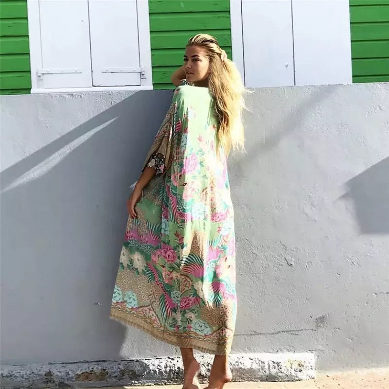 Peacock & Floral Print Bohemian Kimono - Wild Luxe Boutique
