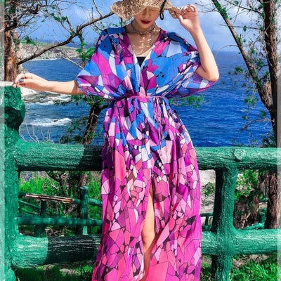 Purple Geometric Print Bohemian Kimono - Wild Luxe Boutique