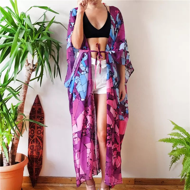 Purple Geometric Print Bohemian Kimono - Wild Luxe Boutique