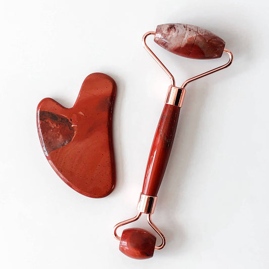 Red Jasper Gemstone Roller + Gua Sha Facial Massage Set - Wild Luxe Boutique