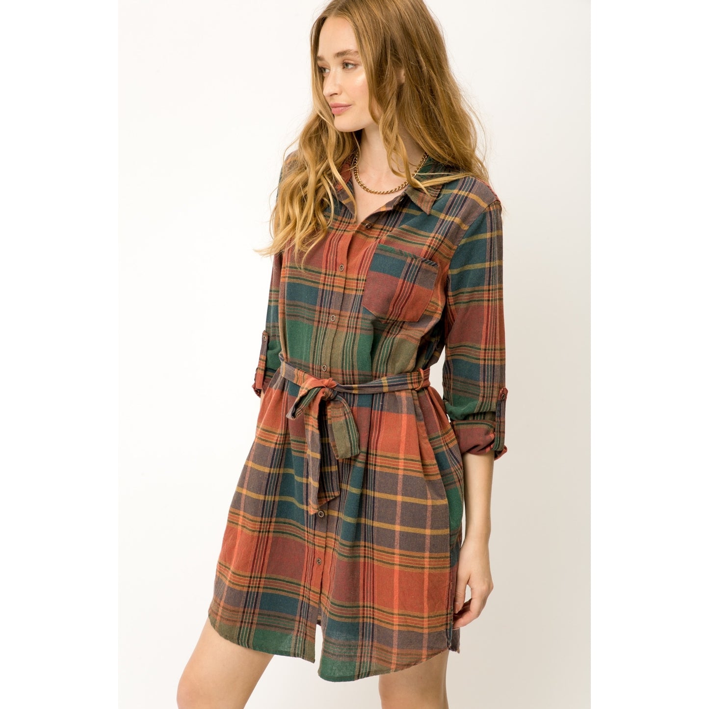 Plaid Waist Tie Mini Shirt Dress - Wild Luxe Boutique