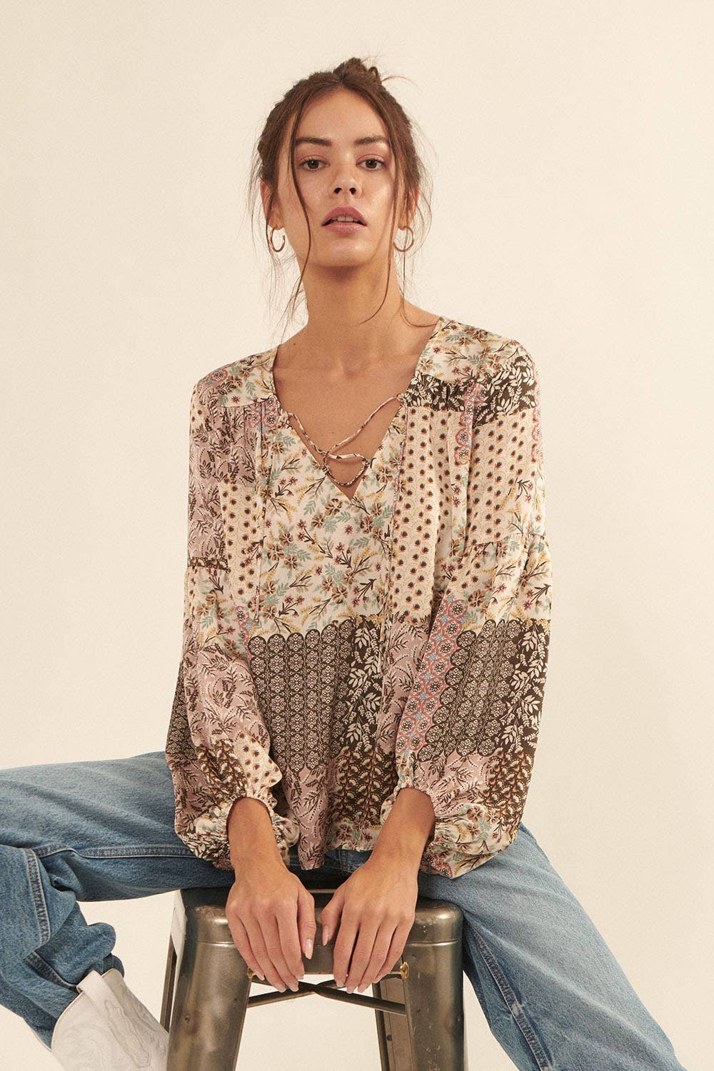 Patchwork Floral V-Neck Peasant Sleeve Blouse