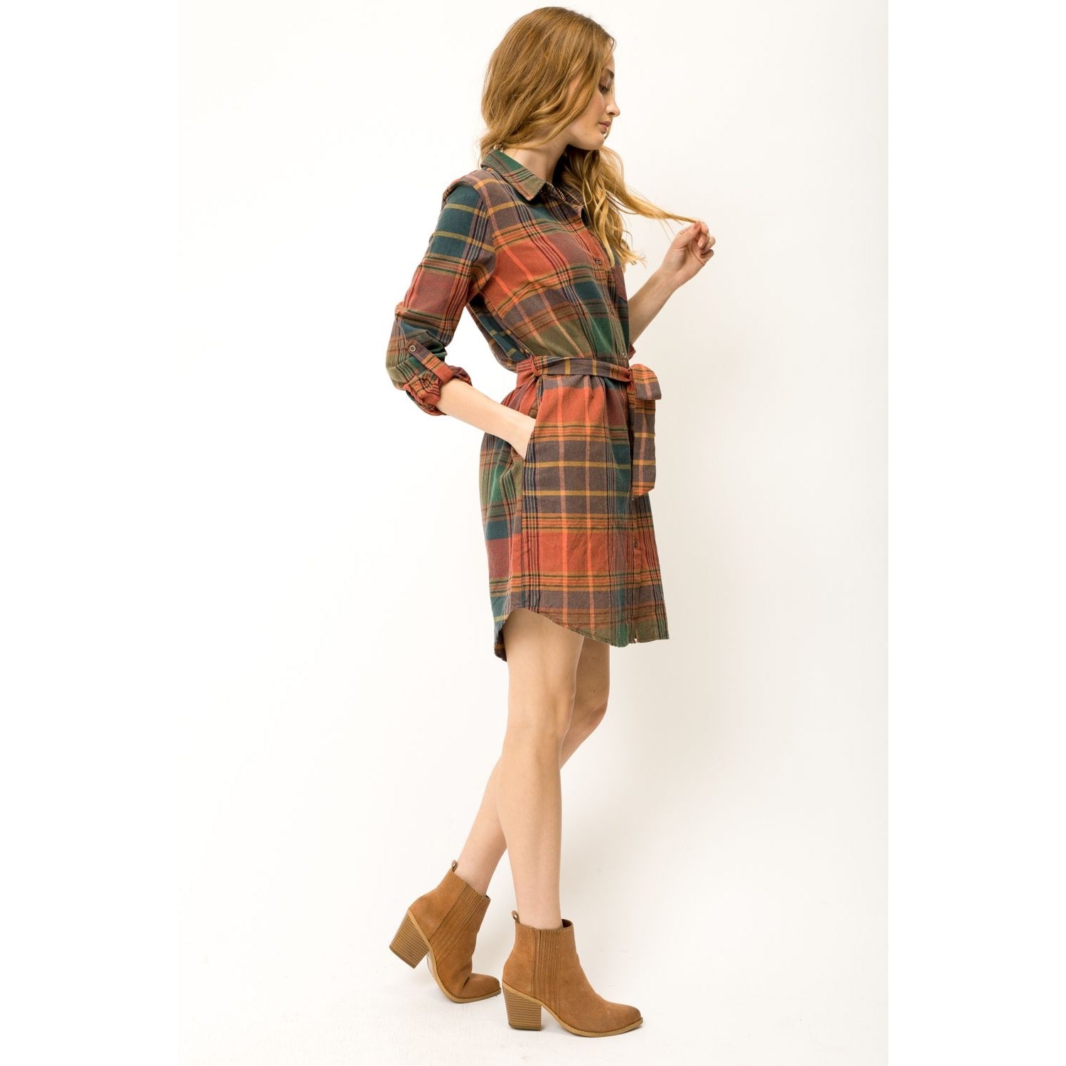 Plaid Waist Tie Mini Shirt Dress - Wild Luxe Boutique