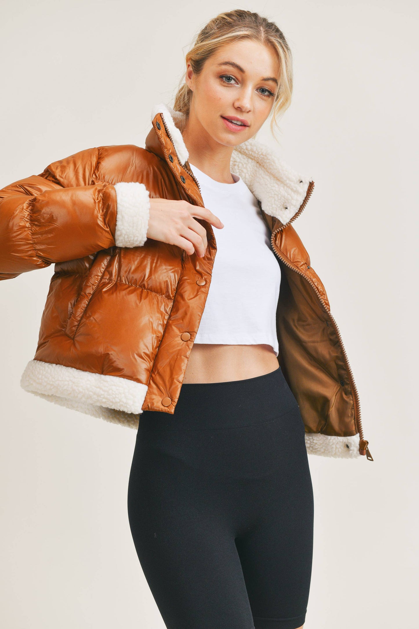 Sherpa Trimmed Faux Leather Puffer Jacket