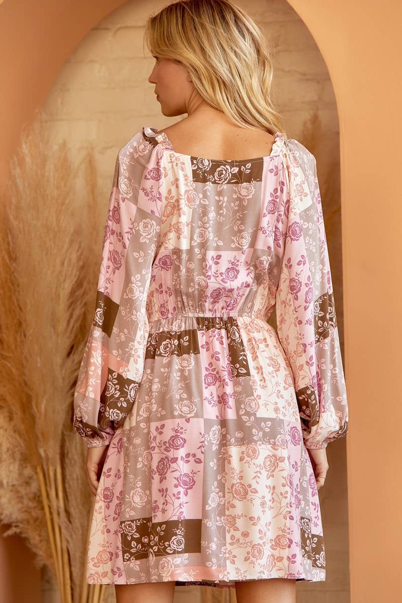 Mocha Blush Patchwork Rose Mini Dress