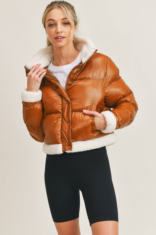 Sherpa Trimmed Faux Leather Puffer Jacket