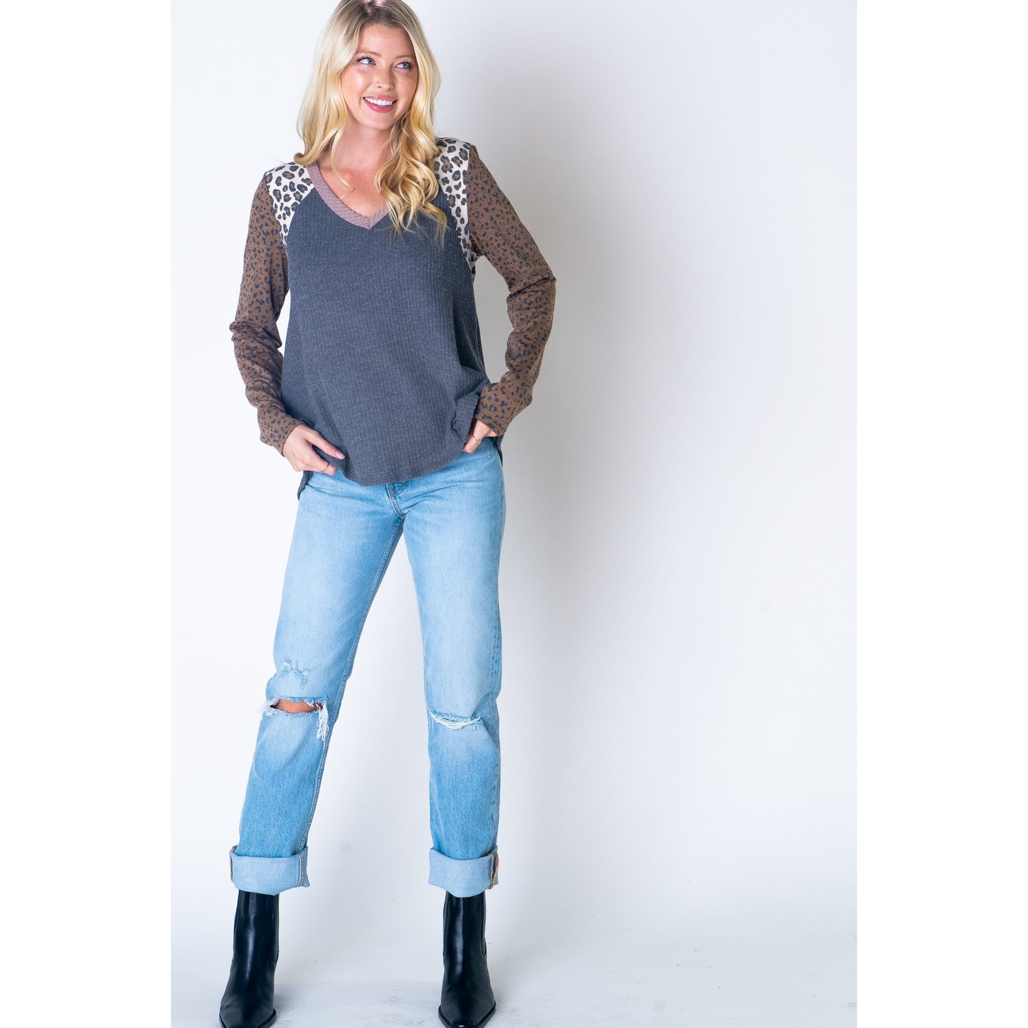 Animal Print Waffle Long Sleeve Top - Wild Luxe Boutique