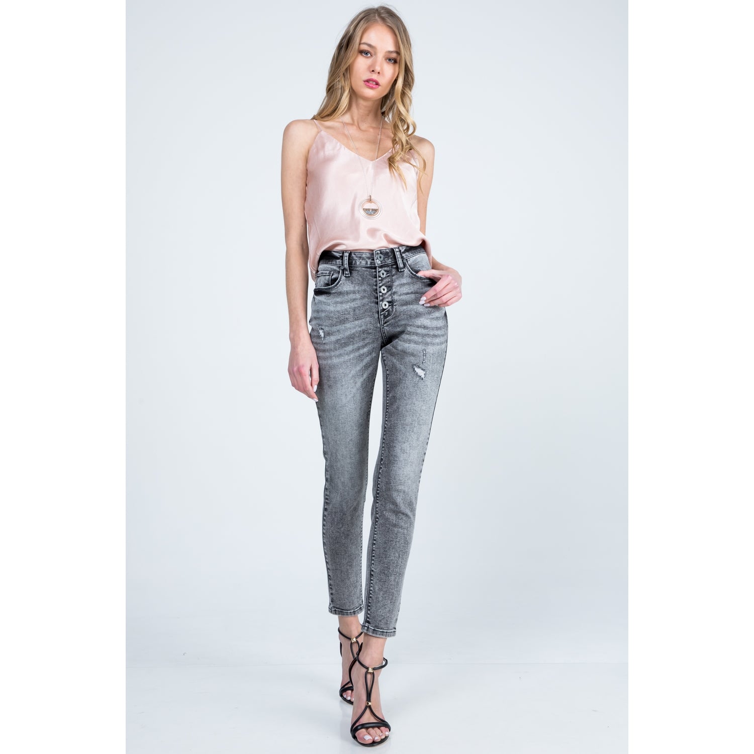 Harmony Grey Mid-Rise Button Fly Skinny Jeans - Wild Luxe Boutique