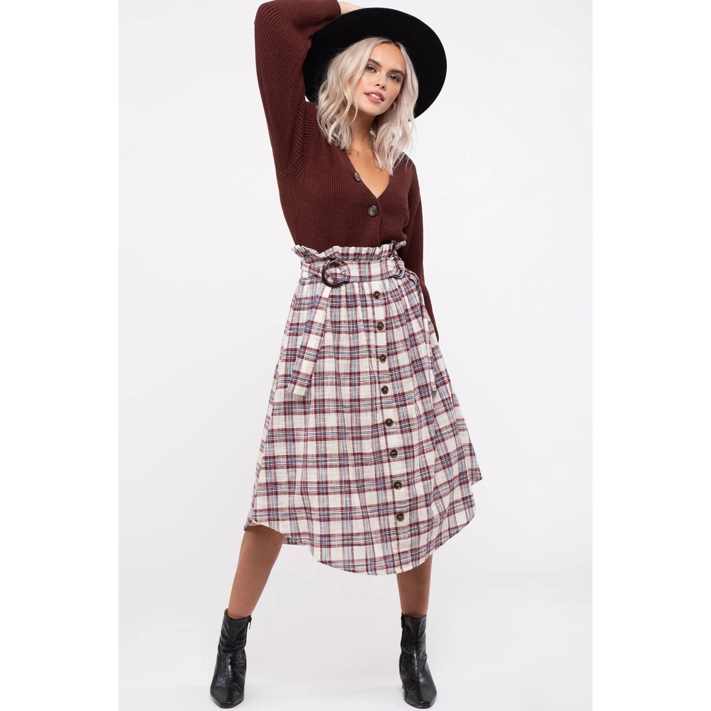 Woven Plaid Paperbag Belted Midi Skirt - Wild Luxe Boutique