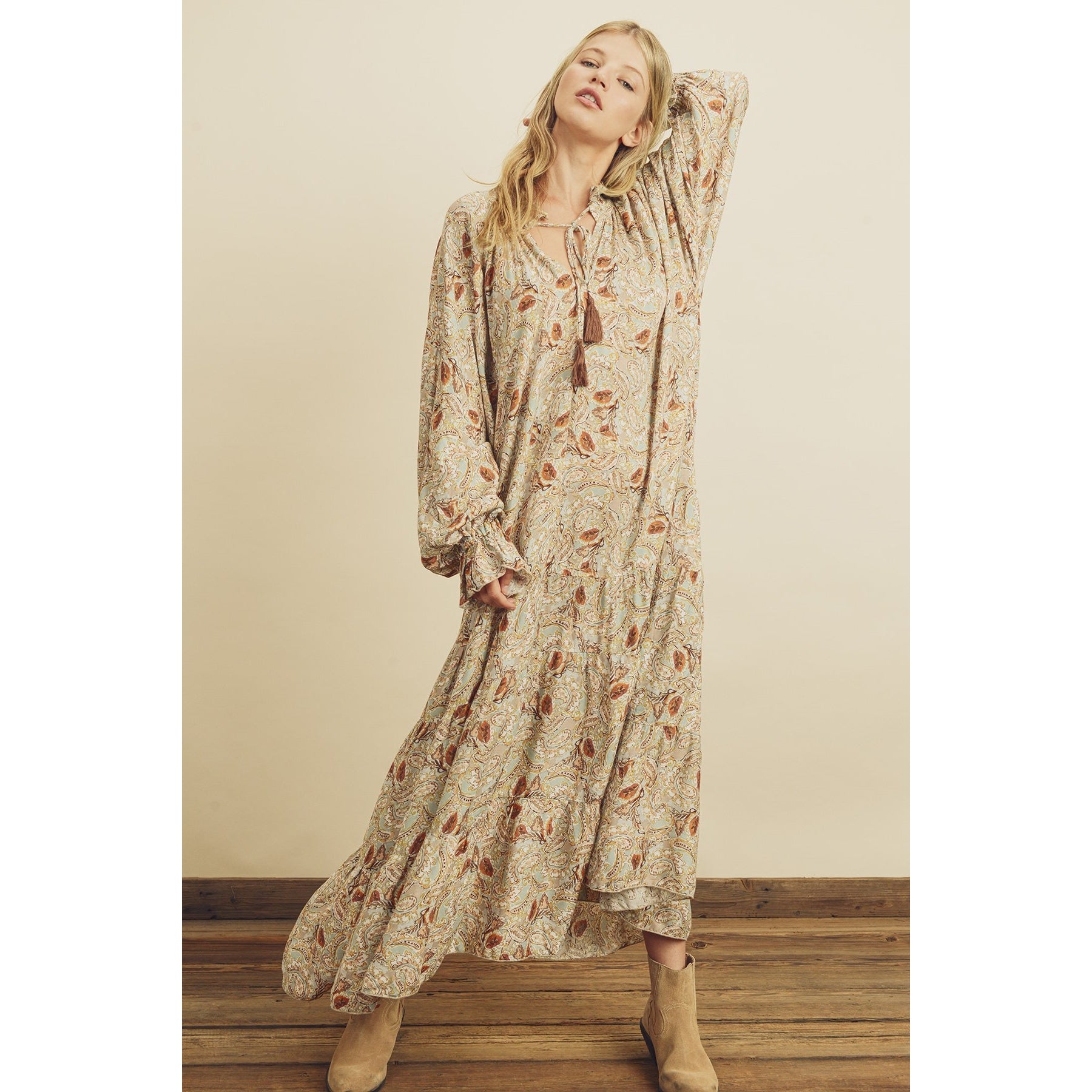 Sage Paisley Tiered Boho Maxi Dress - Wild Luxe Boutique
