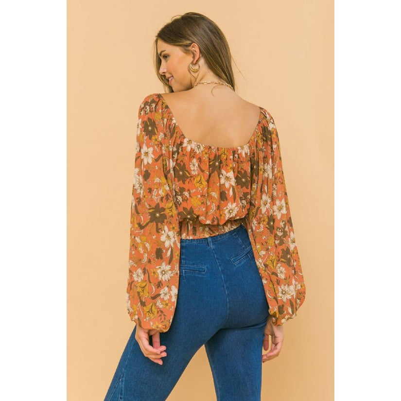 Rust Floral Square Neck Woven Blouse - Wild Luxe Boutique