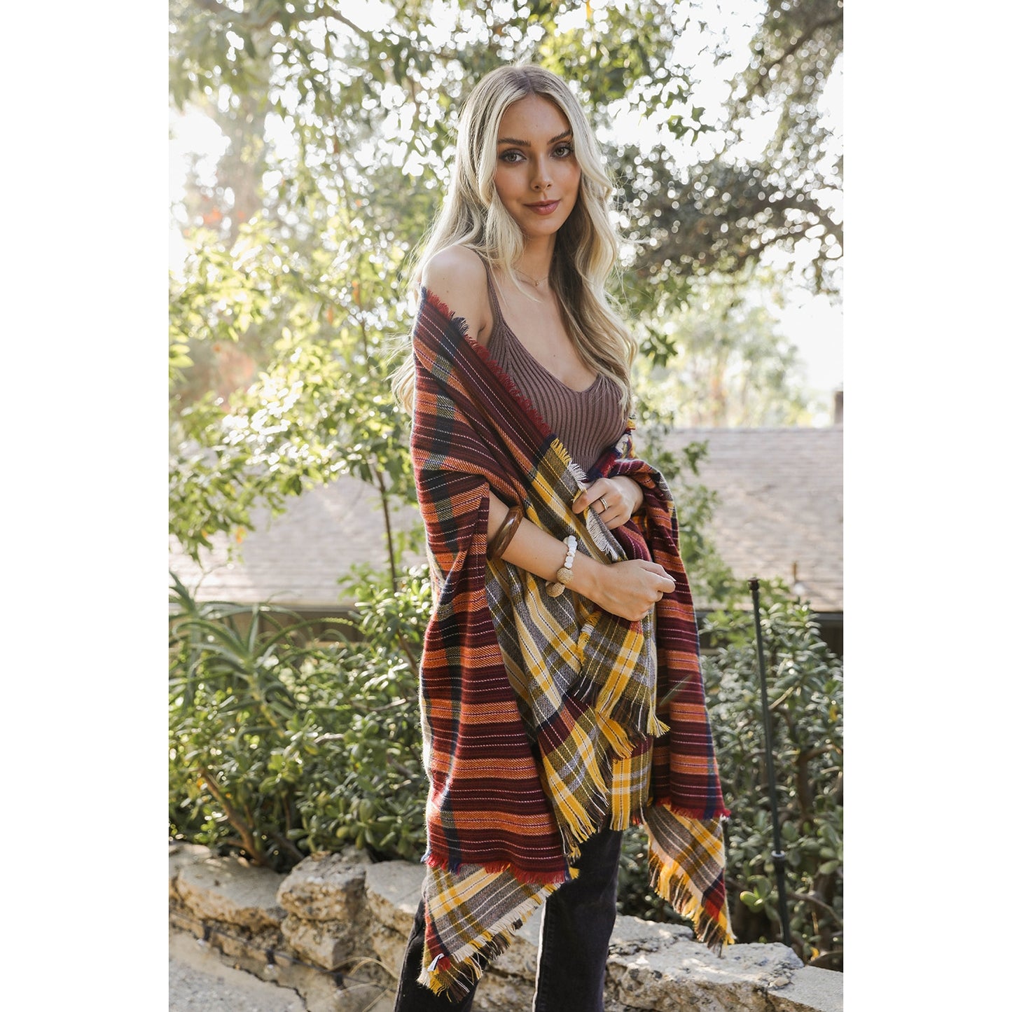 Tartan Check Pocket Frayed Edge Ruana Wrap - Wild Luxe Boutique