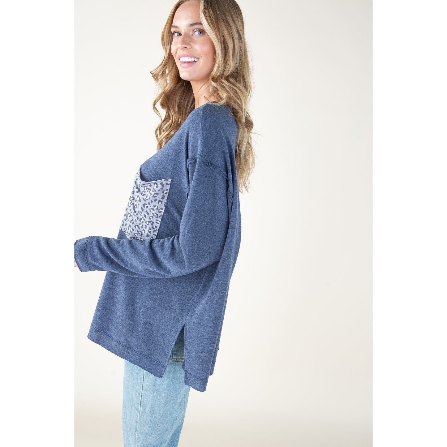 Navy Animal Print Pocket Top - Wild Luxe Boutique