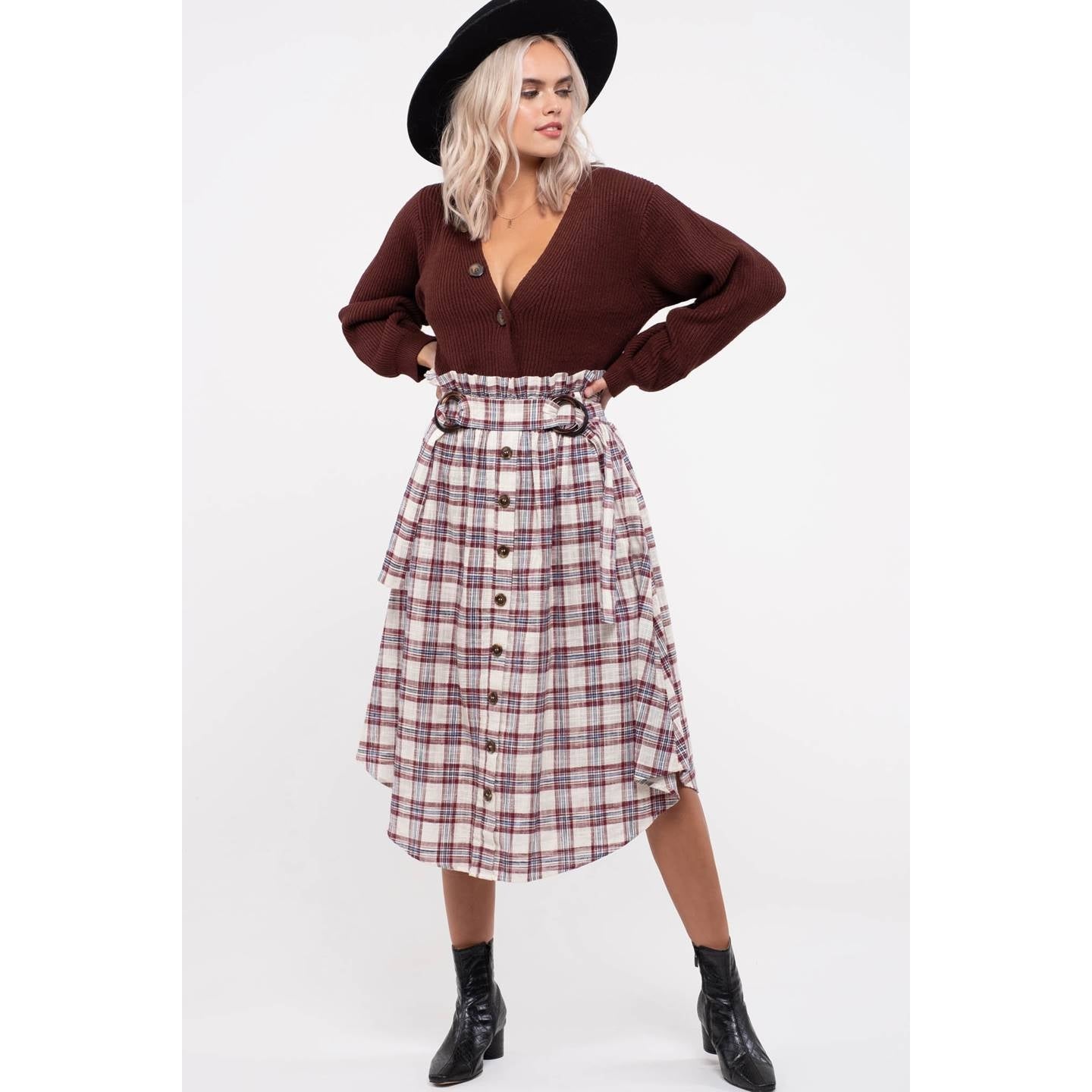 Woven Plaid Paperbag Belted Midi Skirt - Wild Luxe Boutique