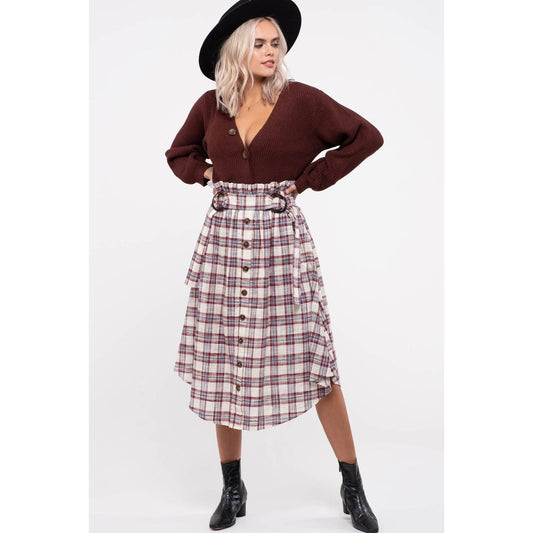 Woven Plaid Paperbag Belted Midi Skirt - Wild Luxe Boutique