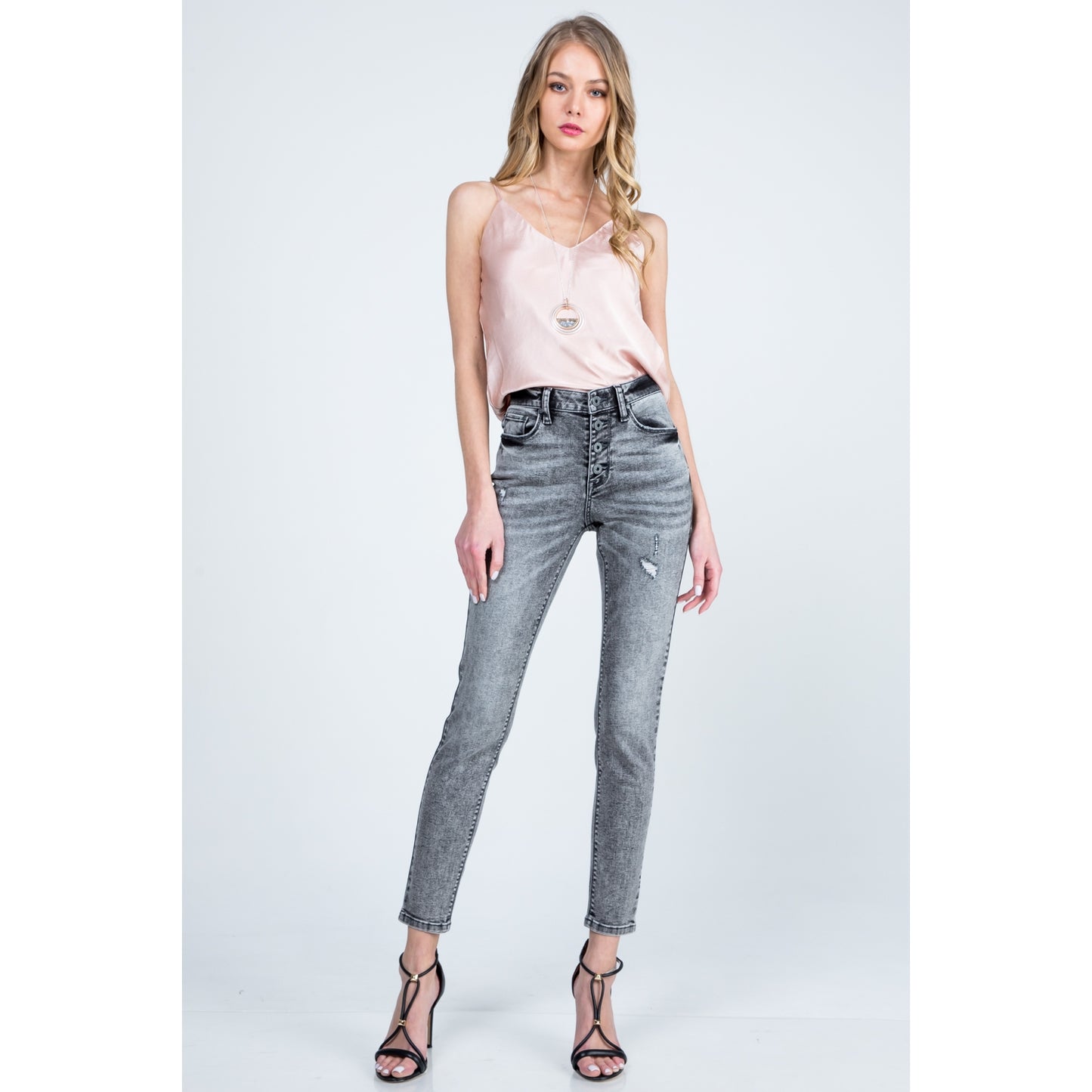 Harmony Grey Mid-Rise Button Fly Skinny Jeans - Wild Luxe Boutique