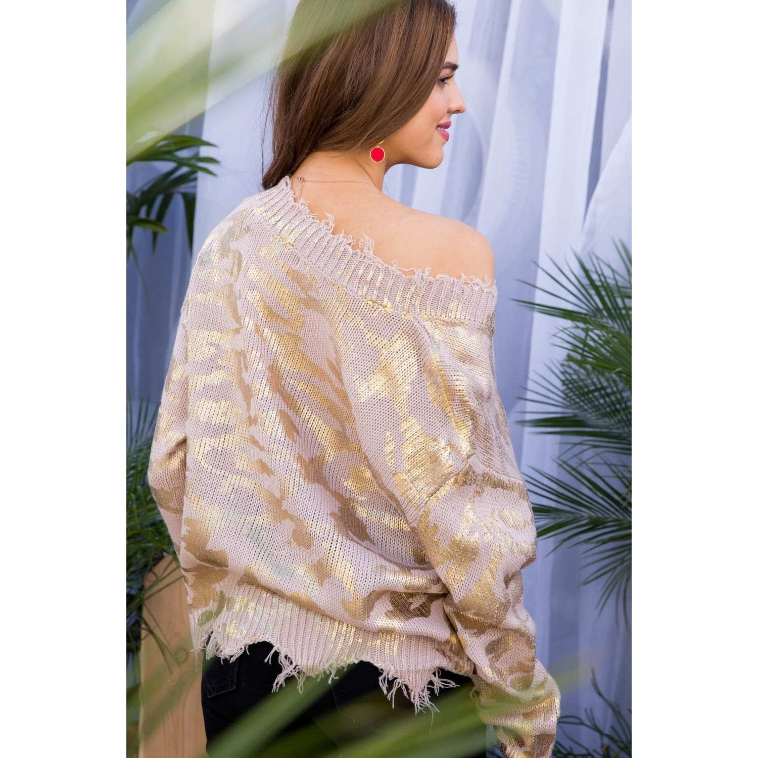 Rose Smoke Leopard Metallic Frayed Sweater - Wild Luxe Boutique