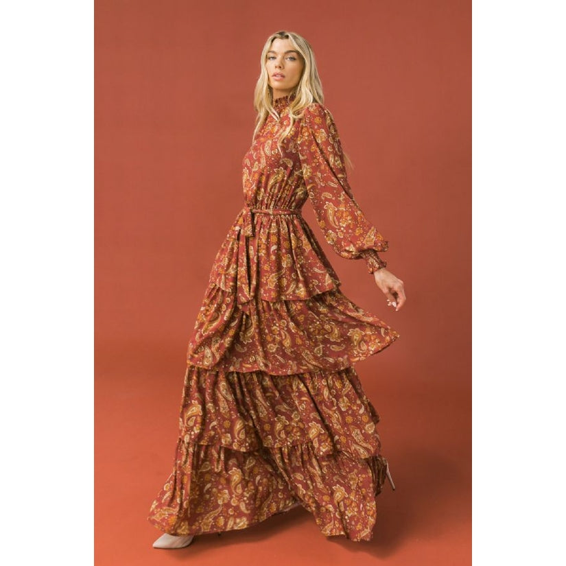 Burgundy Paisley Tiered Maxi Dress - Wild Luxe Boutique