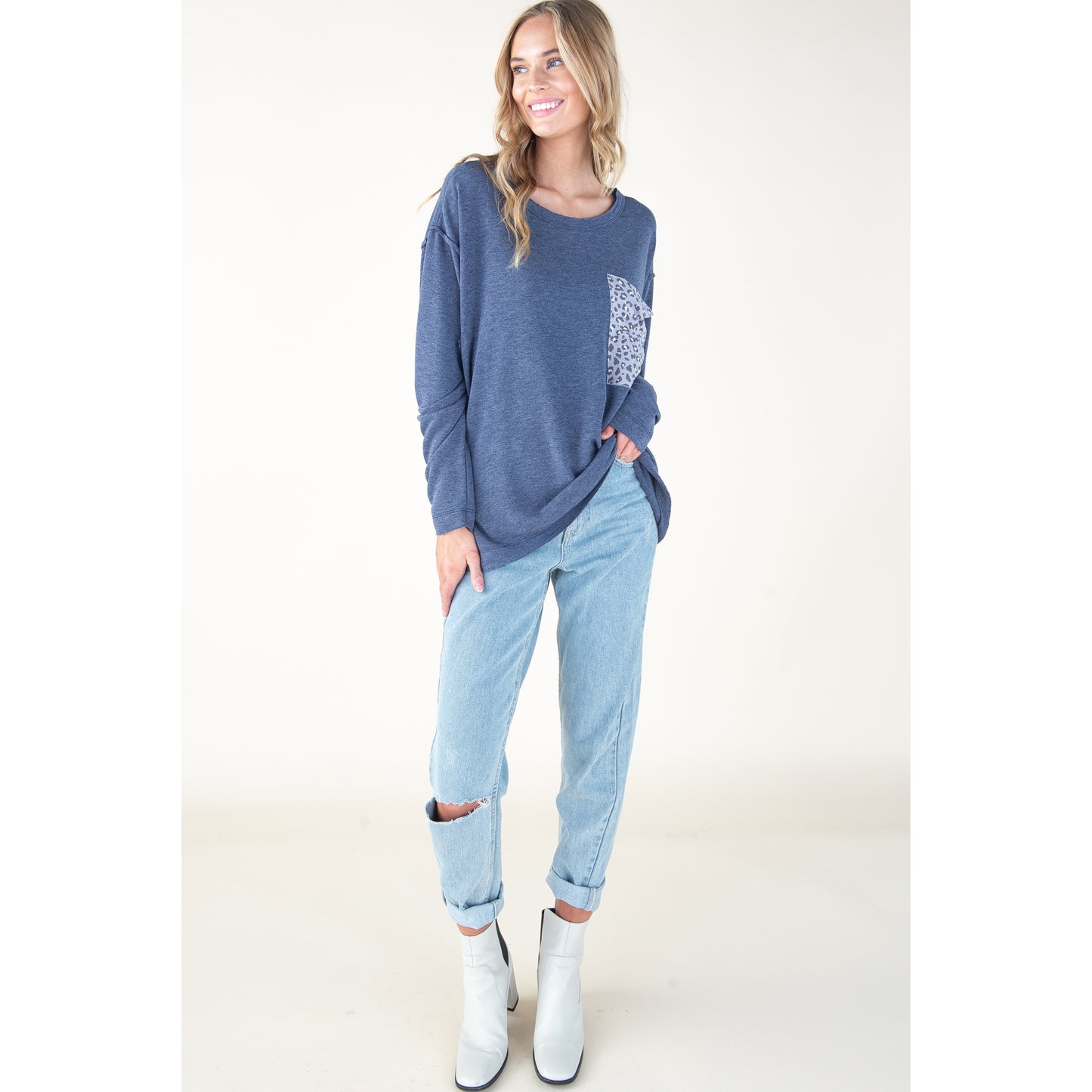 Navy Animal Print Pocket Top - Wild Luxe Boutique