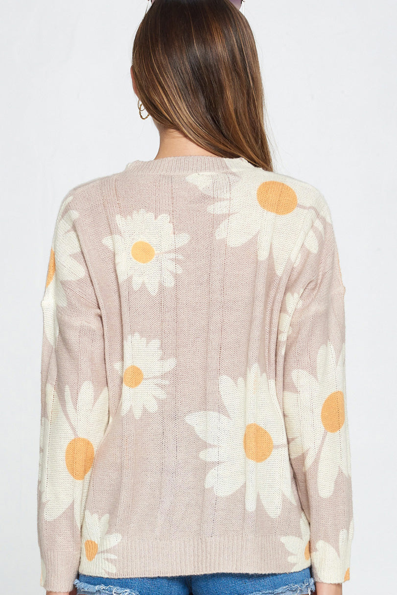 Floral Printed Crew Neck Loose Knit Sweater - Wild Luxe Boutique