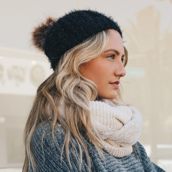 Faux Mohair Cable Knit Pom Pom Beanie - Wild Luxe Boutique