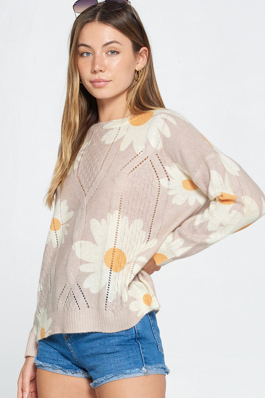 Floral Printed Crew Neck Loose Knit Sweater - Wild Luxe Boutique