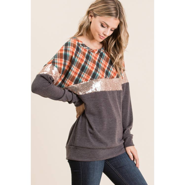 Plaid Contrast Knit Top with Sequin Colorblock - Wild Luxe Boutique
