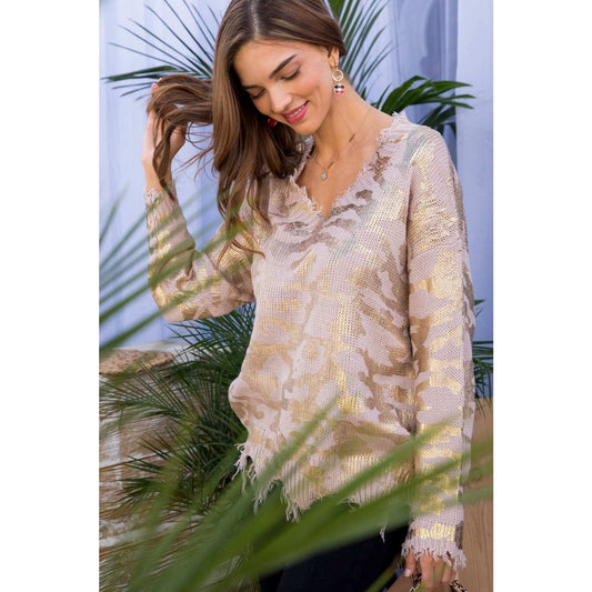 Rose Smoke Leopard Metallic Frayed Sweater - Wild Luxe Boutique