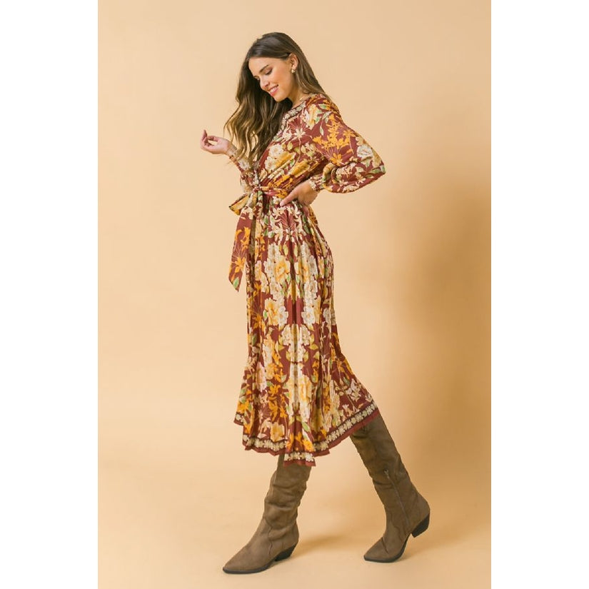 Rust Floral Pleated Midi Dress - Wild Luxe Boutique