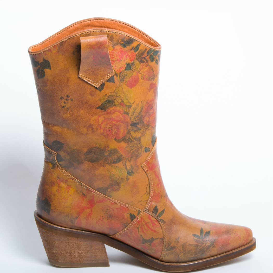 Santa Monica Tan Roses Leather Boots