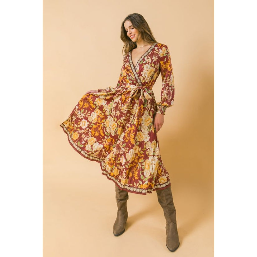 rust floral midi dress Rust Floral Long Sleeve Printed Midi Dress