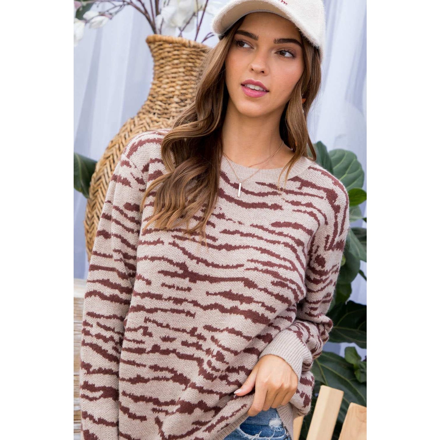 Zebra Print Smoke Grey Crew Sweater - Wild Luxe Boutique