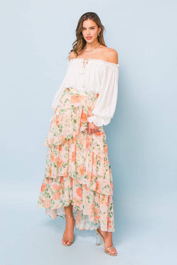 Peach Floral Tiered Ankle Skirt