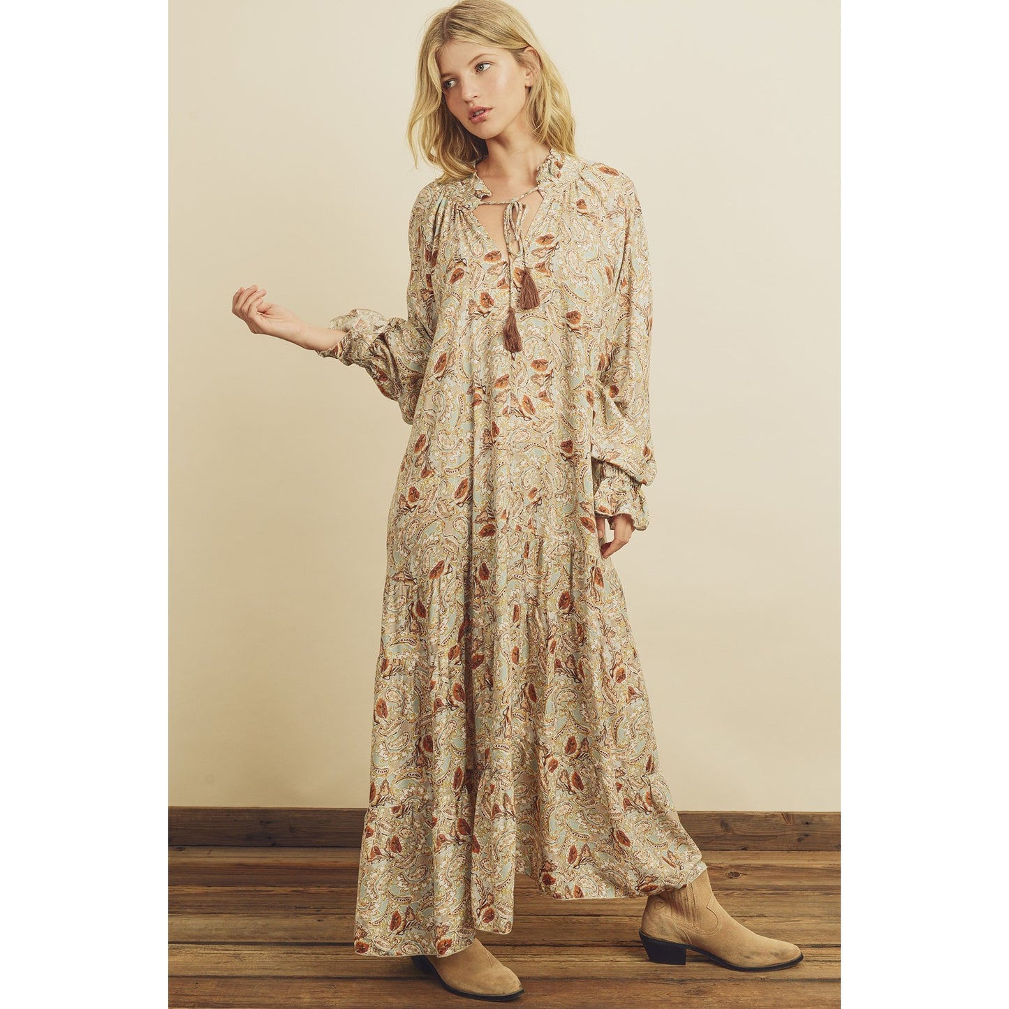 Sage Paisley Tiered Boho Maxi Dress - Wild Luxe Boutique