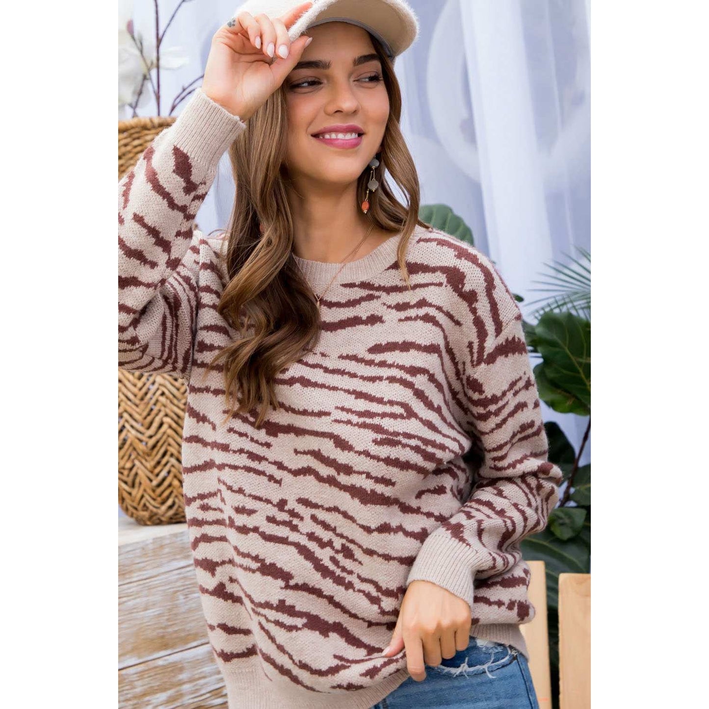 Zebra Print Smoke Grey Crew Sweater - Wild Luxe Boutique